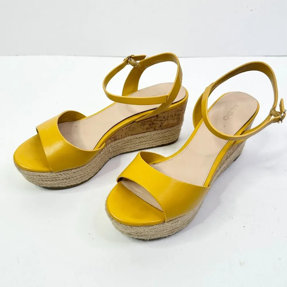 Aldo Sandals Women 9 Yellow Cork Platform Wedge Shoe Ankle Strap Festival Boho
